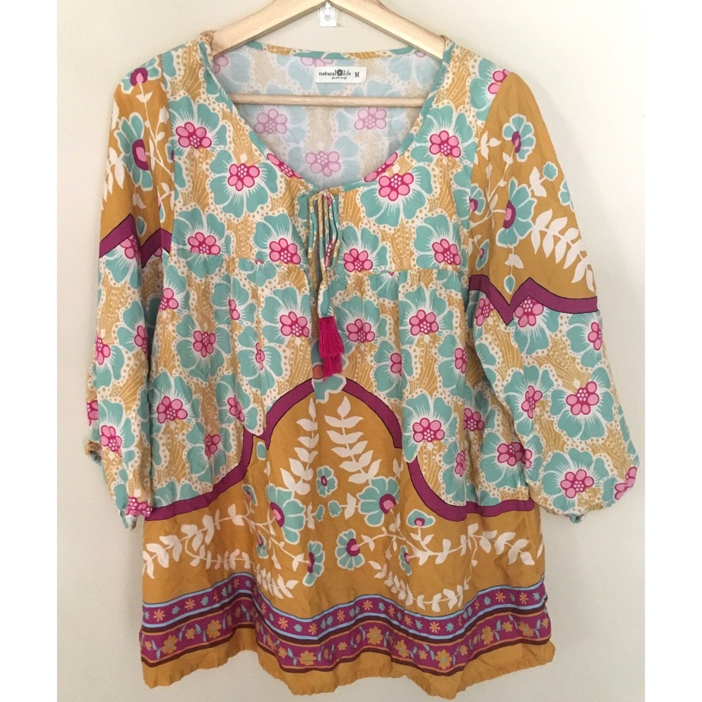 Natural Life Maribel Boho Floral Peasant Blouse Yellow Turquoise Tassel Medium
